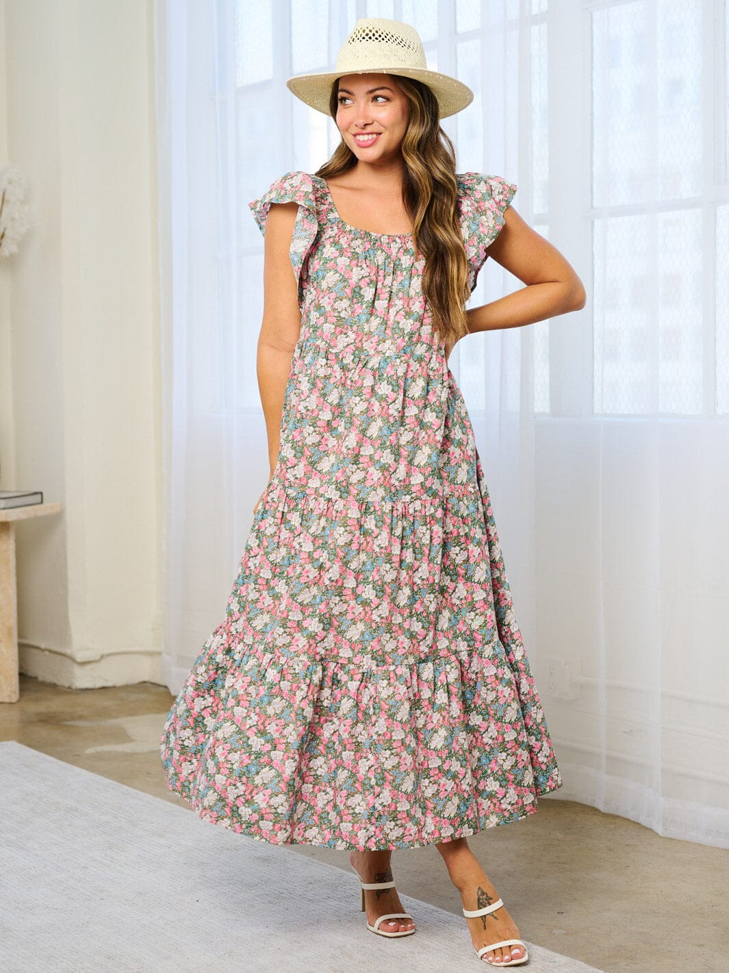WOMEN'S RUFFLE SLEEVE TIERED TUNIC FLORAL MAXI DRESS