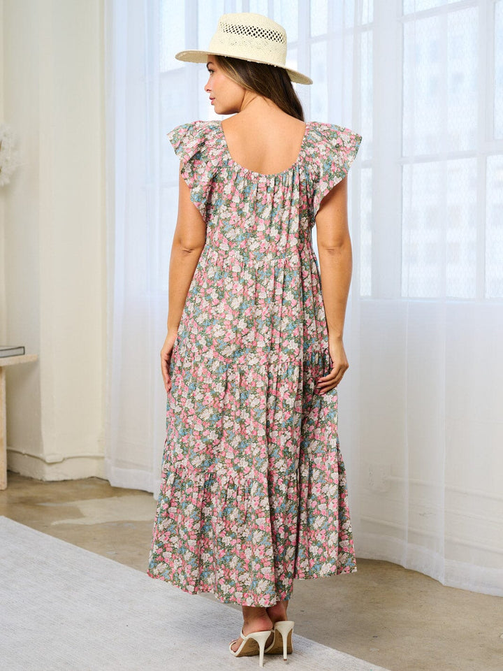 WOMEN'S RUFFLE SLEEVE TIERED TUNIC FLORAL MAXI DRESS