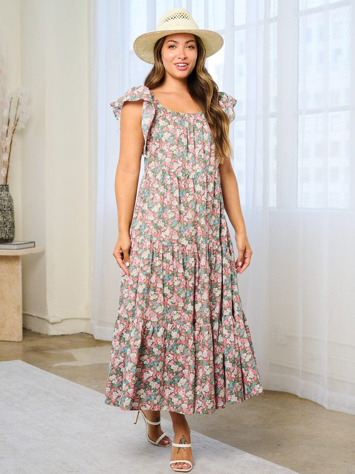 WOMEN'S RUFFLE SLEEVE TIERED TUNIC FLORAL MAXI DRESS