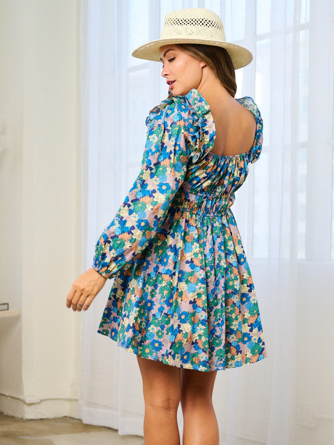 WOMEN'S LONG SLEEVE SQUARE NECK SMOCK FLORAL MINI DRESS