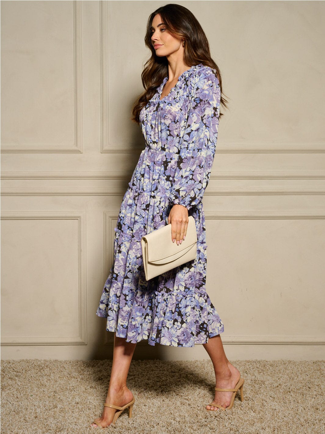 WOMEN'S LONG SLEEVE V-NECK ELASTIC WAIST FLORAL MIDI DRESS