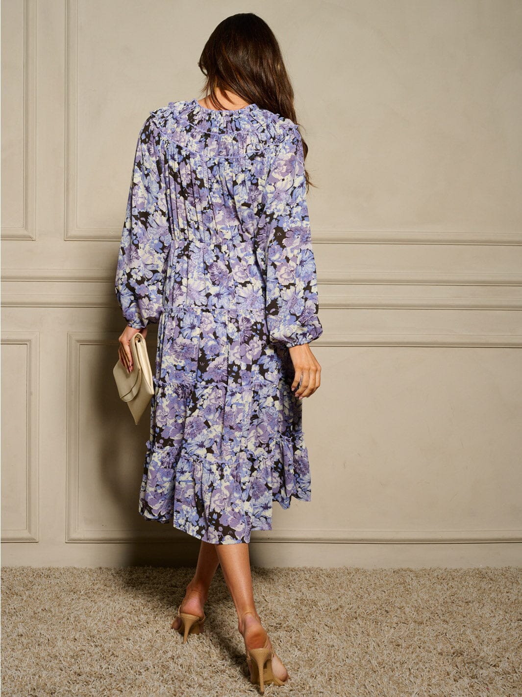 WOMEN'S LONG SLEEVE V-NECK ELASTIC WAIST FLORAL MIDI DRESS