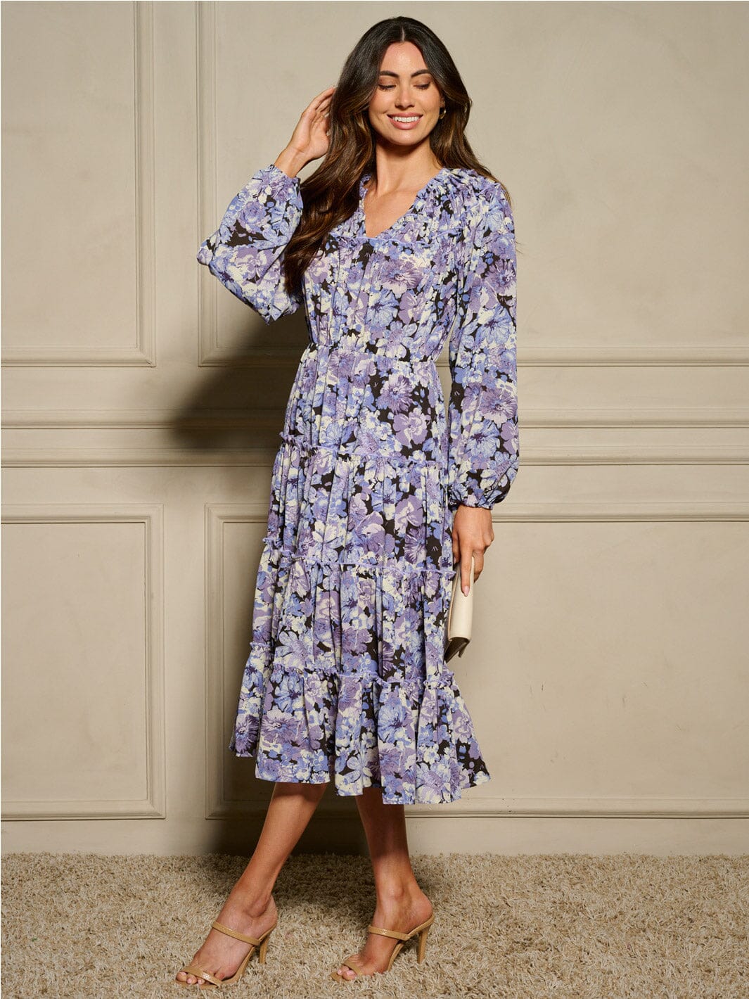 WOMEN'S LONG SLEEVE V-NECK ELASTIC WAIST FLORAL MIDI DRESS