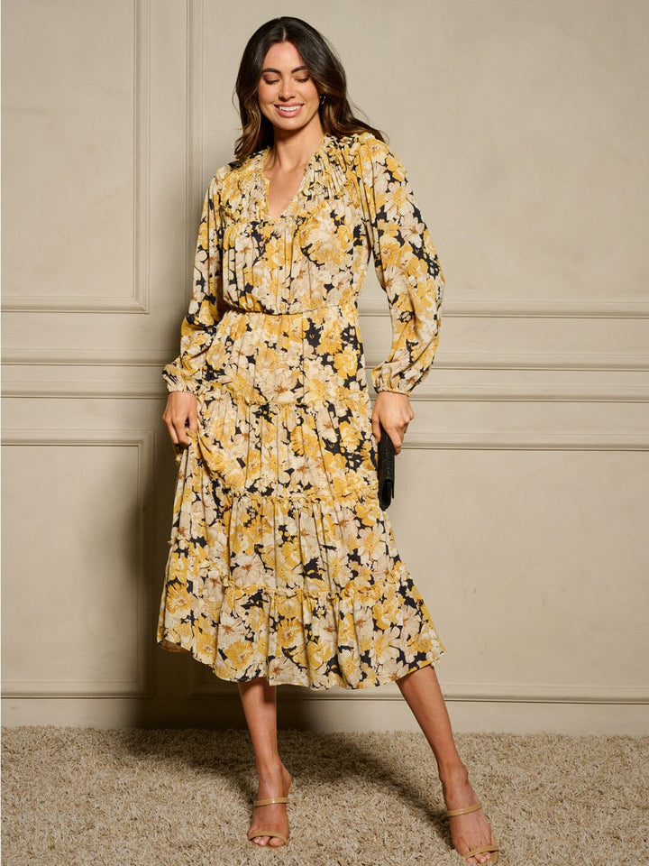 WOMEN'S LONG SLEEVE V-NECK ELASTIC WAIST FLORAL MIDI DRESS