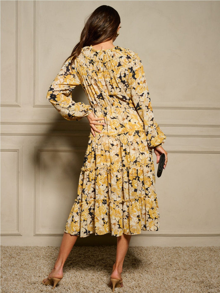 WOMEN'S LONG SLEEVE V-NECK ELASTIC WAIST FLORAL MIDI DRESS