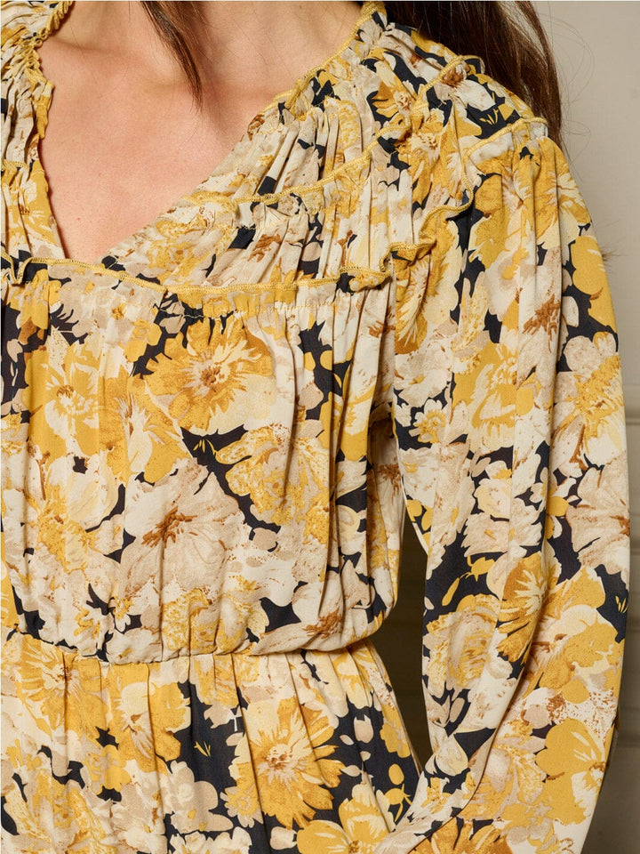 WOMEN'S LONG SLEEVE V-NECK ELASTIC WAIST FLORAL MIDI DRESS
