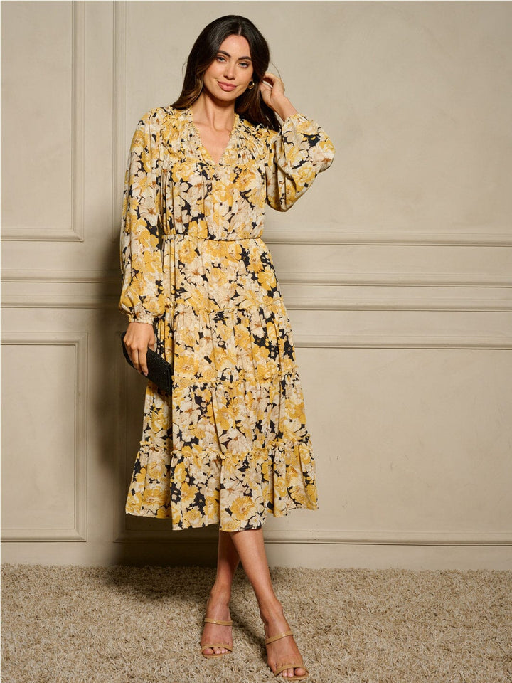 WOMEN'S LONG SLEEVE V-NECK ELASTIC WAIST FLORAL MIDI DRESS