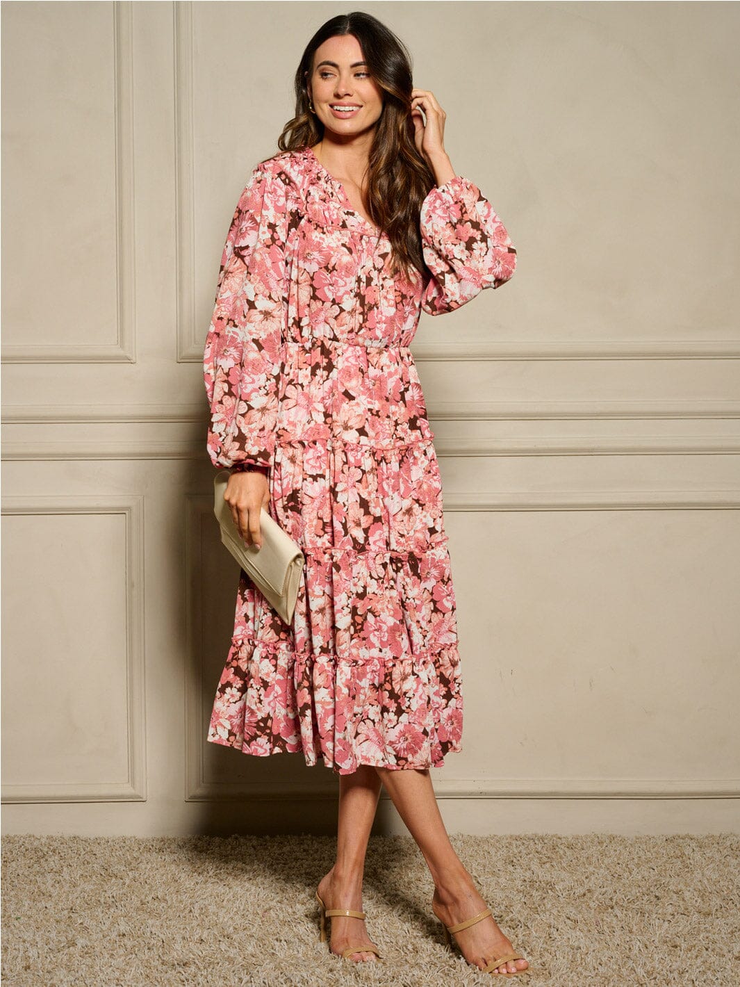 WOMEN'S LONG SLEEVE V-NECK ELASTIC WAIST FLORAL MIDI DRESS