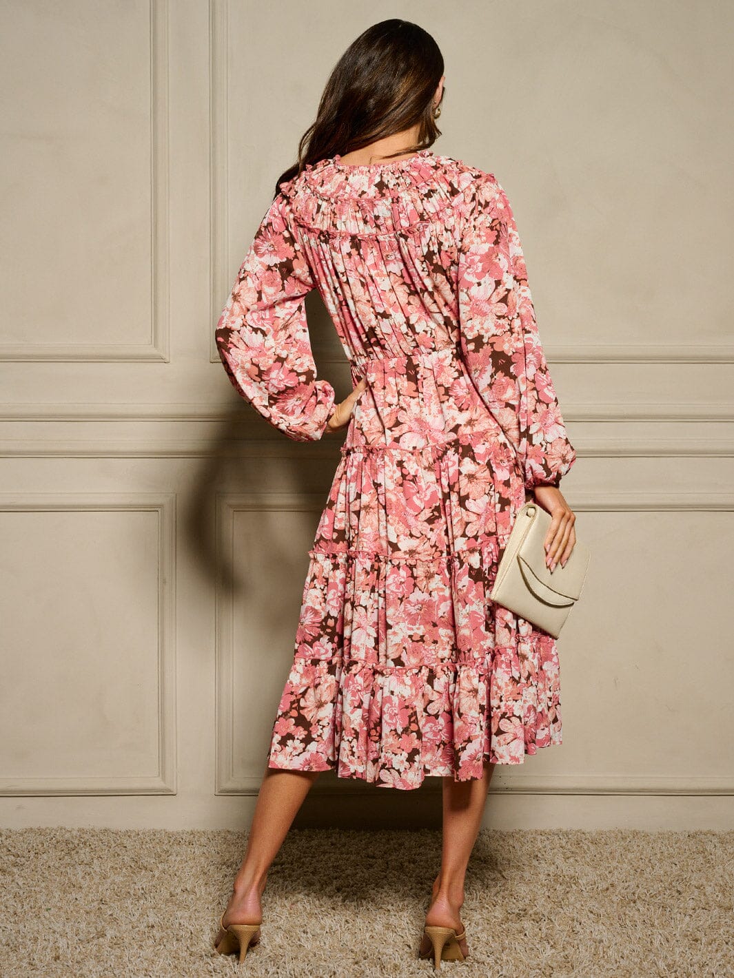 WOMEN'S LONG SLEEVE V-NECK ELASTIC WAIST FLORAL MIDI DRESS