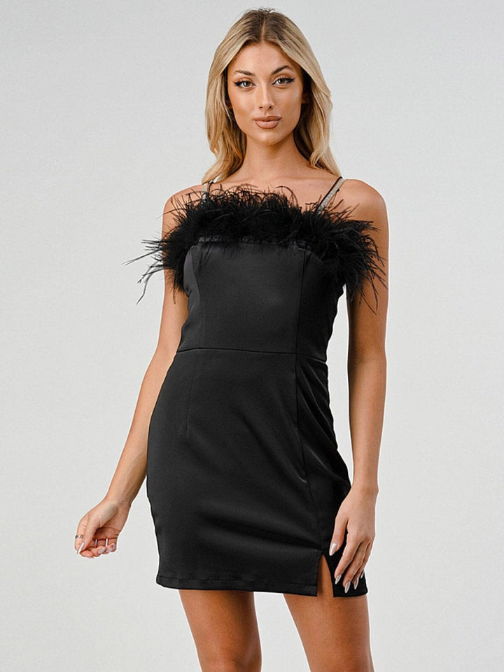 WOMEN'S SLEEVELESS BODYCON FEATHER TRIM MINI DRESS