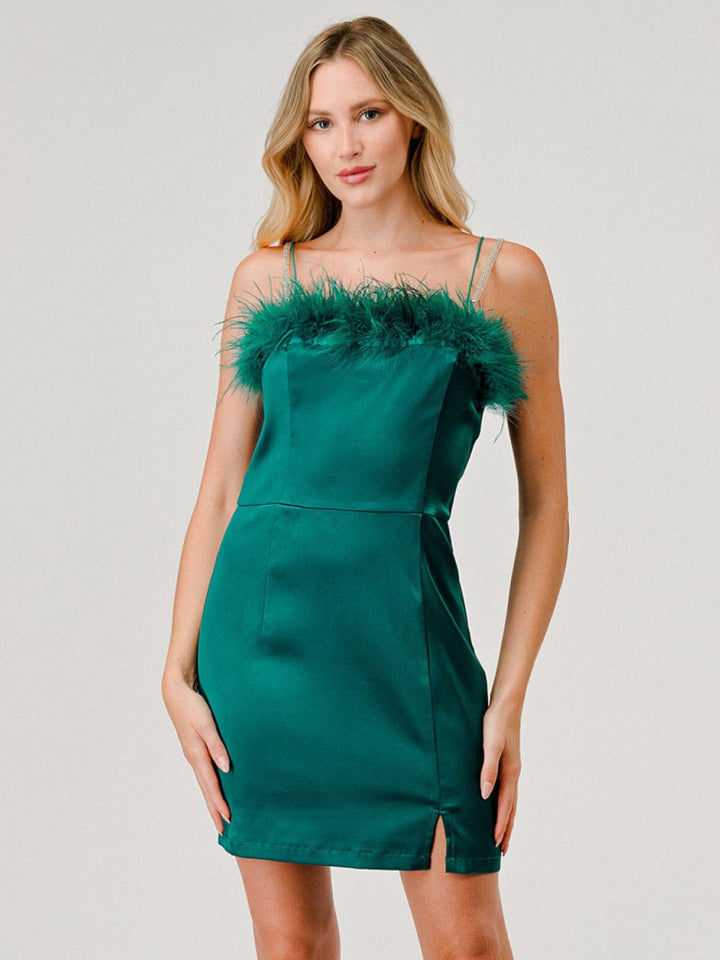 WOMEN'S SLEEVELESS BODYCON FEATHER TRIM MINI DRESS