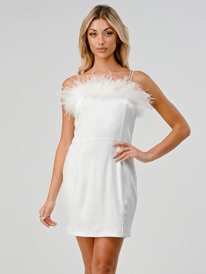 WOMEN'S SLEEVELESS BODYCON FEATHER TRIM MINI DRESS