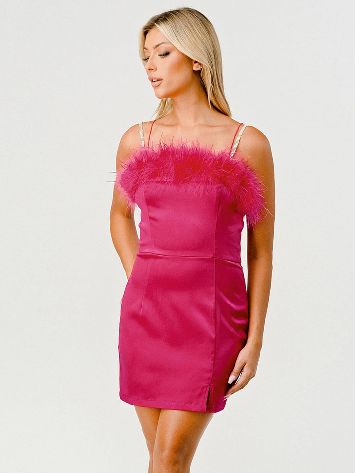 WOMEN'S SLEEVELESS BODYCON FEATHER TRIM MINI DRESS