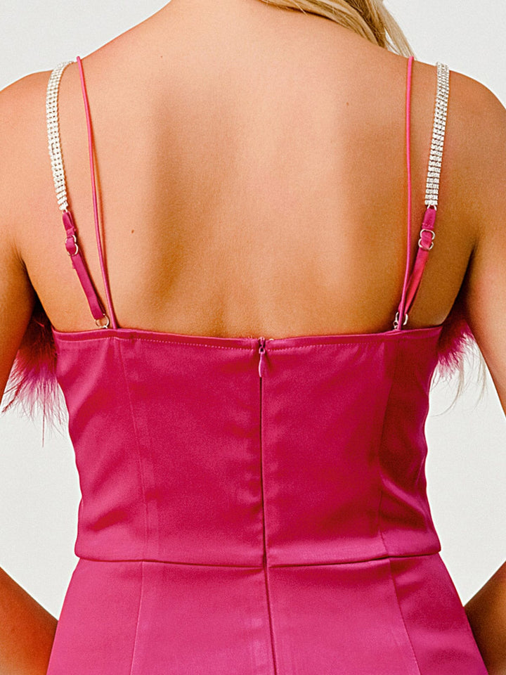 WOMEN'S SLEEVELESS BODYCON FEATHER TRIM MINI DRESS