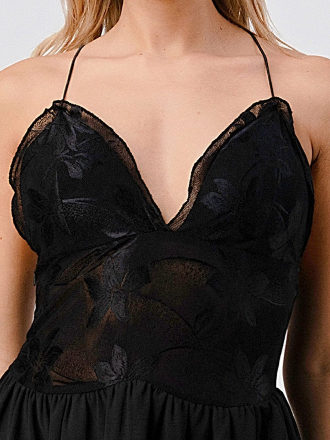 WOMEN'S SLEEVELESS V-NECK OPEN BACK MESH FIT & FLARE MINI DRESS