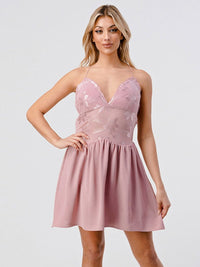 WOMEN'S SLEEVELESS V-NECK OPEN BACK MESH FIT & FLARE MINI DRESS