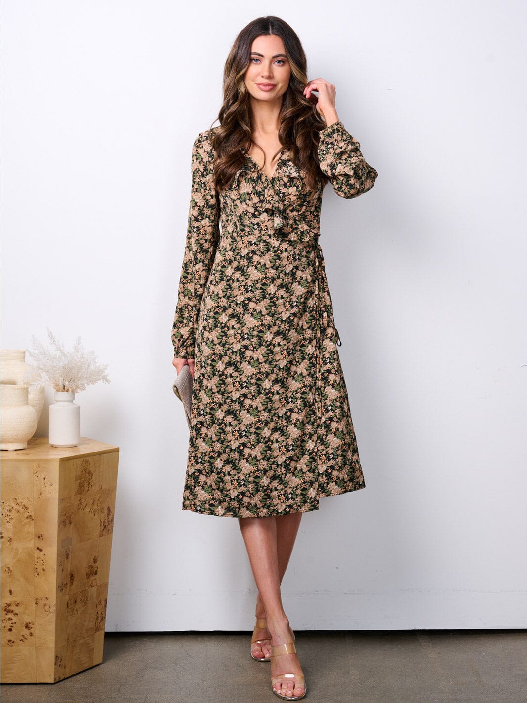 WOMEN'S LONG SLEEVE RUFFLE FLORAL WRAP MIDI DRESS
