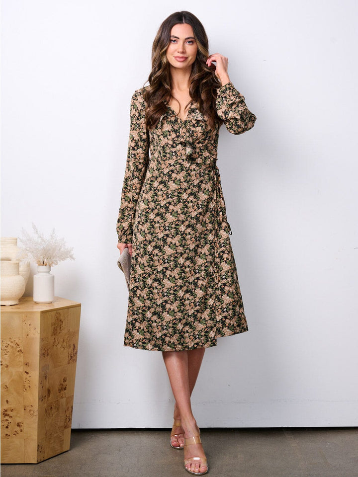 WOMEN'S LONG SLEEVE RUFFLE FLORAL WRAP MIDI DRESS