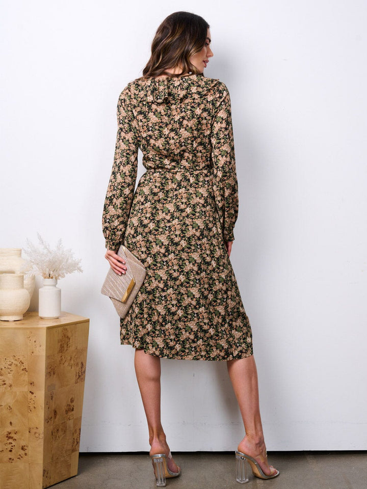 WOMEN'S LONG SLEEVE RUFFLE FLORAL WRAP MIDI DRESS