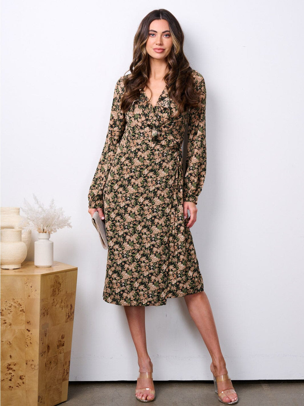 WOMEN'S LONG SLEEVE RUFFLE FLORAL WRAP MIDI DRESS
