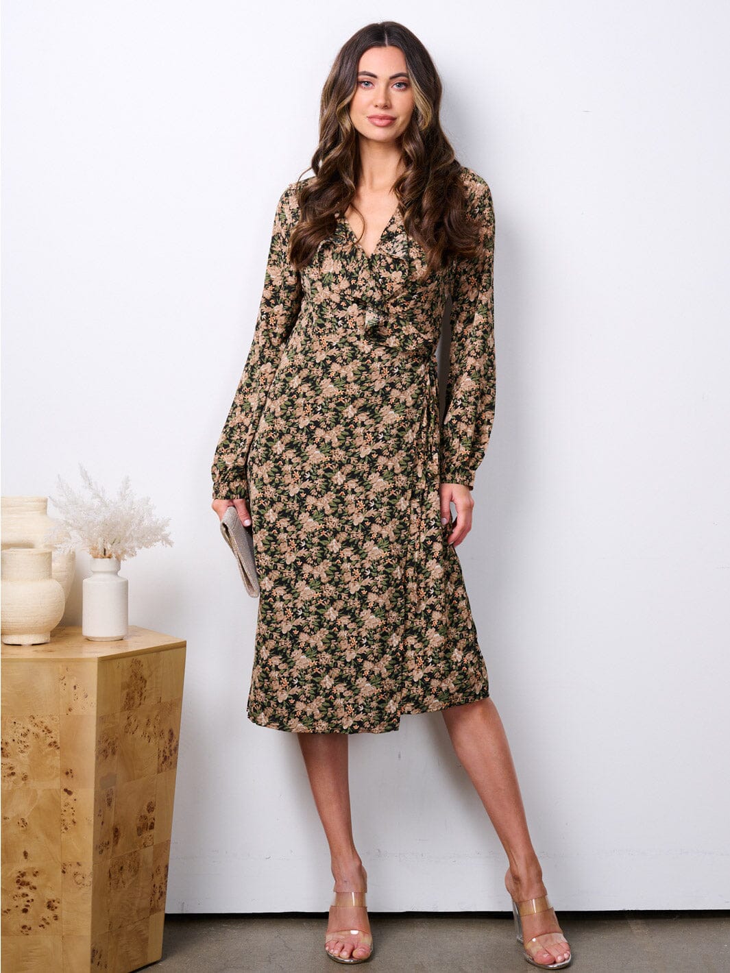 WOMEN'S LONG SLEEVE RUFFLE FLORAL WRAP MIDI DRESS