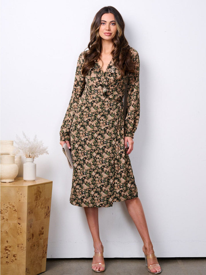 WOMEN'S LONG SLEEVE RUFFLE FLORAL WRAP MIDI DRESS