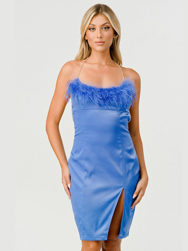 WOMEN'S SLEEVELESS OPEN BACK BODYCON FEATHER TRIM MINI DRESS