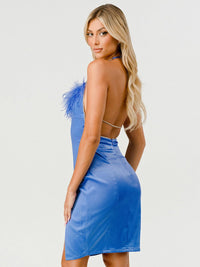 WOMEN'S SLEEVELESS OPEN BACK BODYCON FEATHER TRIM MINI DRESS