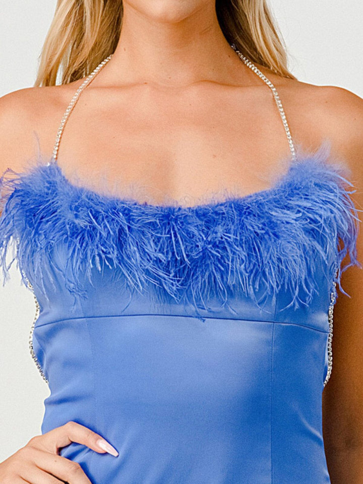 WOMEN'S SLEEVELESS OPEN BACK BODYCON FEATHER TRIM MINI DRESS