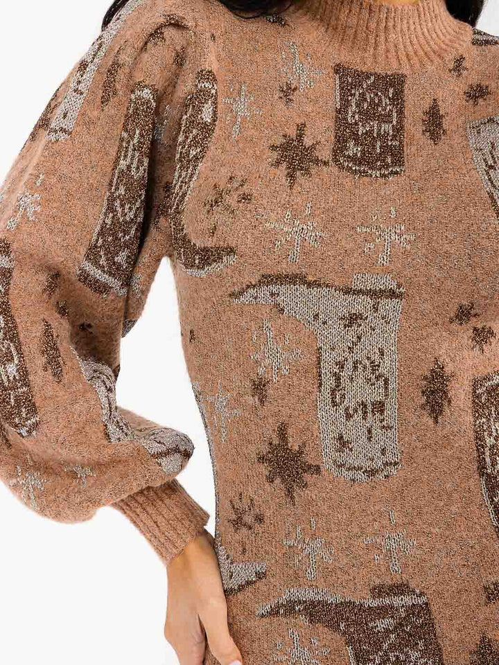 WOMEN'S LONG SLEEVE MOCK NECK MULTI PRINT SWEATER MINI DRESS