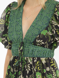 WOMEN'S SHORT PUFF SLEEVES V-NECK TIERED SLIT FLORAL PRINT MAXI DRESS
