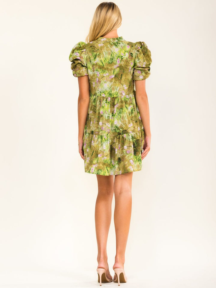 WOMEN'S SHORT PUFF SLEEVE V-NECK POCKETS TUNIC FLORAL PRINT MINI DRESS