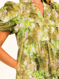 WOMEN'S SHORT PUFF SLEEVE V-NECK POCKETS TUNIC FLORAL PRINT MINI DRESS