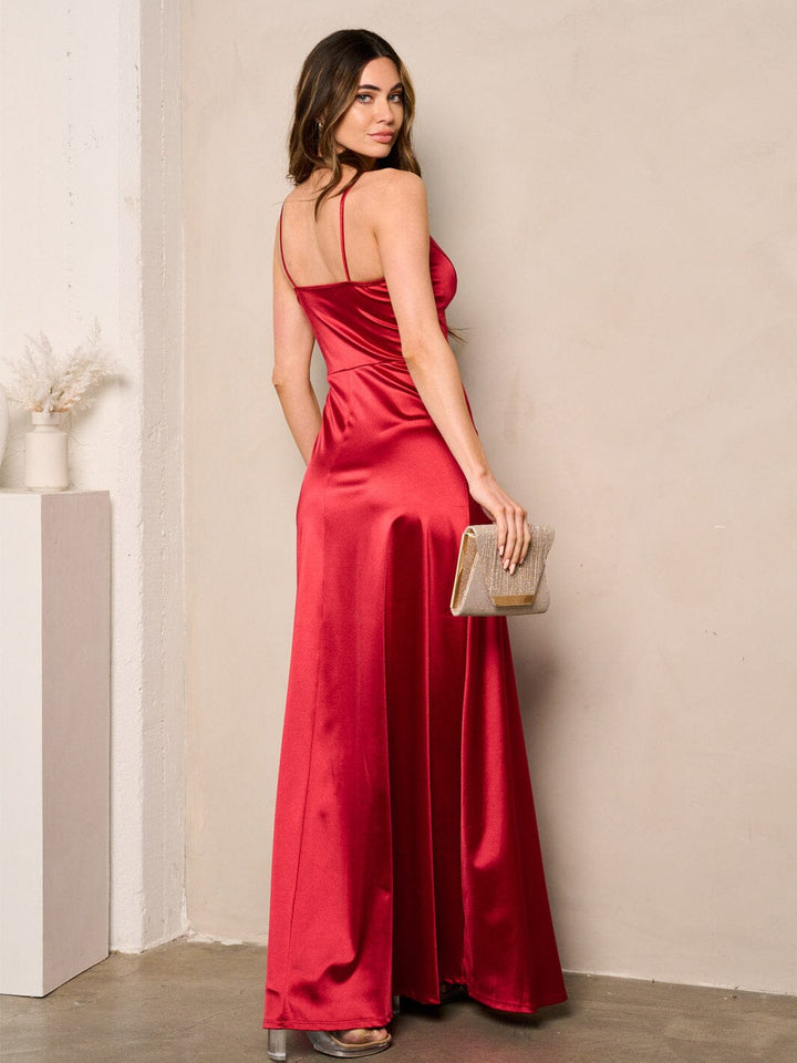 WOMEN'S SLEEVELESS V-NECK SURPLICE SATIN MAXI DRESS