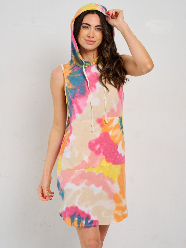 WOMEN'S SLEEVELESS FRONT POCKET HOODED TIE DYE MINI DRESS