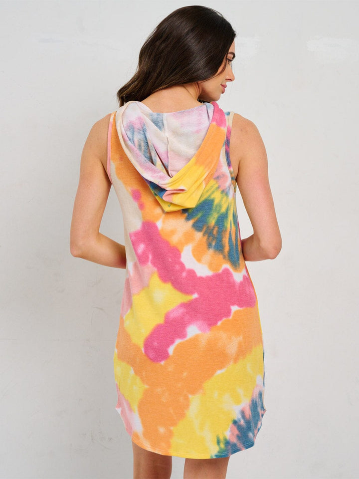 WOMEN'S SLEEVELESS FRONT POCKET HOODED TIE DYE MINI DRESS