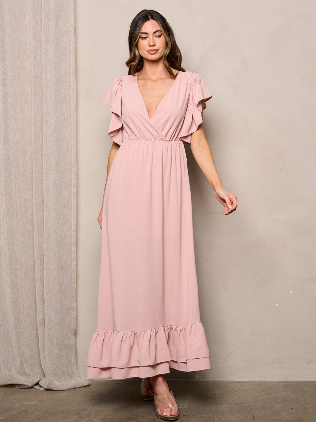 WOMEN'S SLEEVELESS RUFFLE SURPLICE BACK TIE MAXI DRESS
