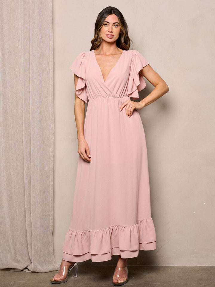 WOMEN'S SLEEVELESS RUFFLE SURPLICE BACK TIE MAXI DRESS