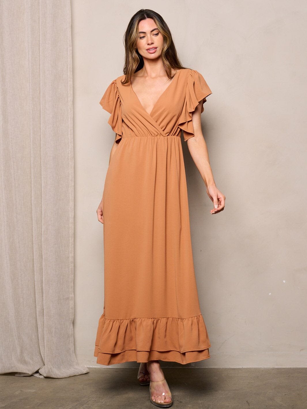 WOMEN'S SLEEVELESS RUFFLE SURPLICE BACK TIE MAXI DRESS