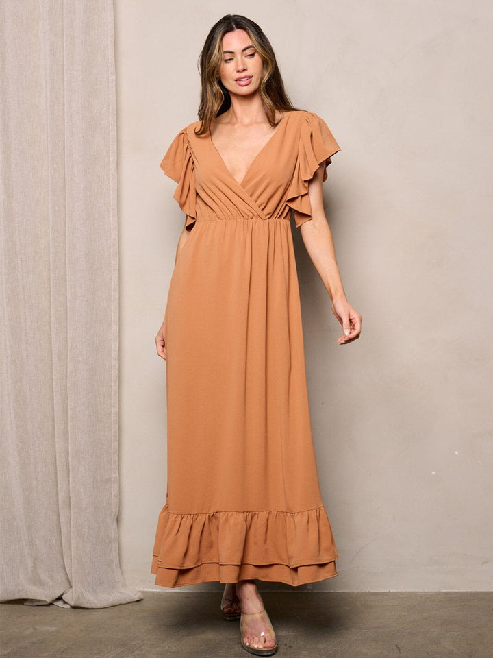 WOMEN'S SLEEVELESS RUFFLE SURPLICE BACK TIE MAXI DRESS