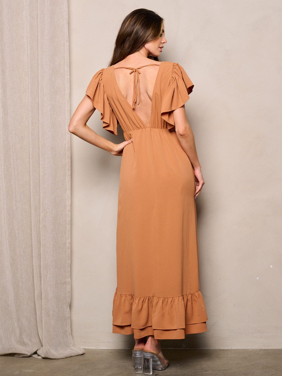 WOMEN'S SLEEVELESS RUFFLE SURPLICE BACK TIE MAXI DRESS