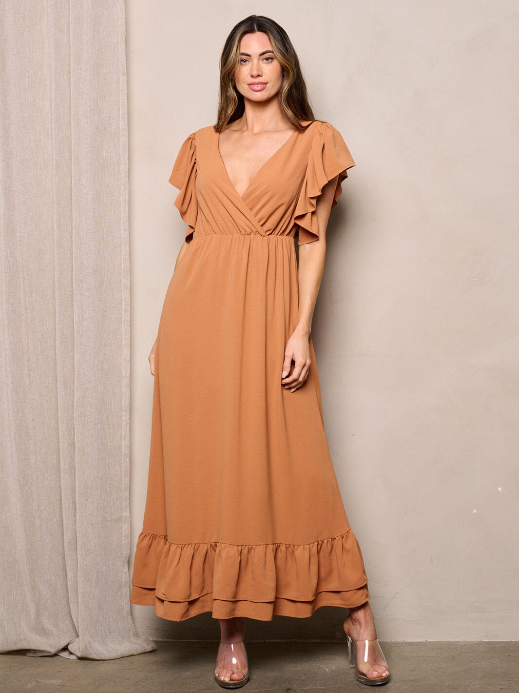 WOMEN'S SLEEVELESS RUFFLE SURPLICE BACK TIE MAXI DRESS