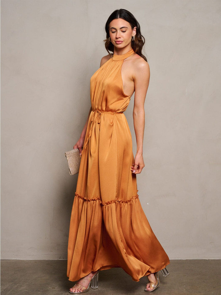 WOMEN'S SLEEVELESS HALTER NECK OPEN BACK TIERED MAXI DRESS