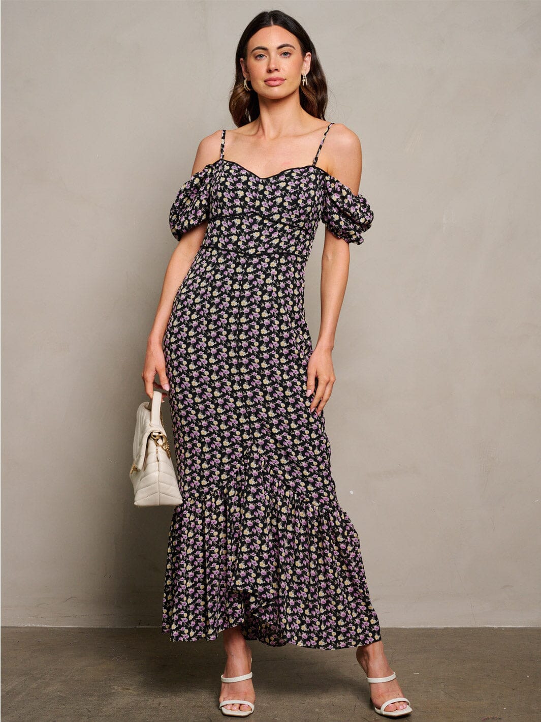 WOMEN'S OFF SHOULDER RUFFLE FLORAL MAXI DRESS