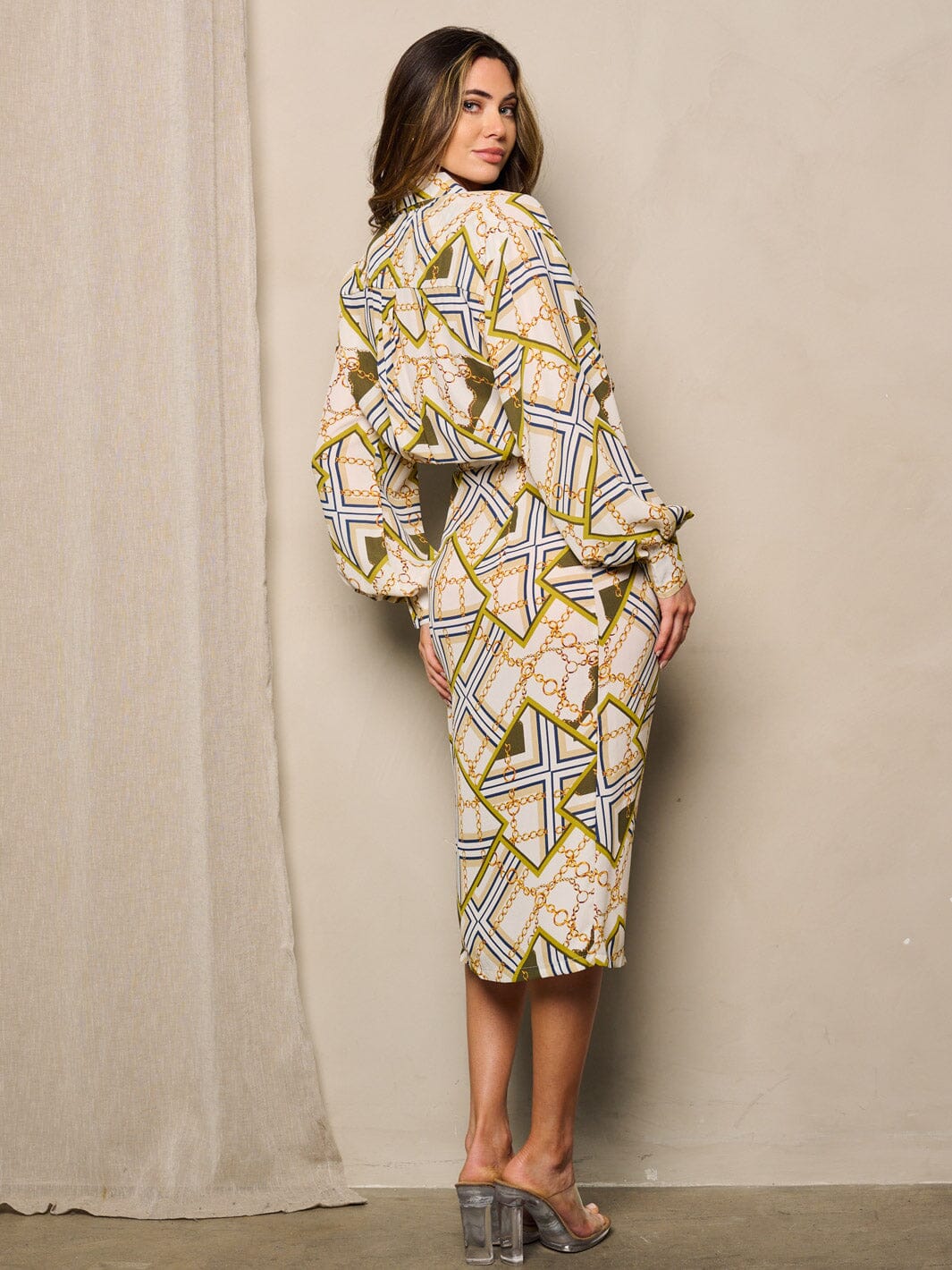 WOMEN'S LONG SLEEVE FRONT SLIT MULTI PRINT WRAP MIDI DRESS