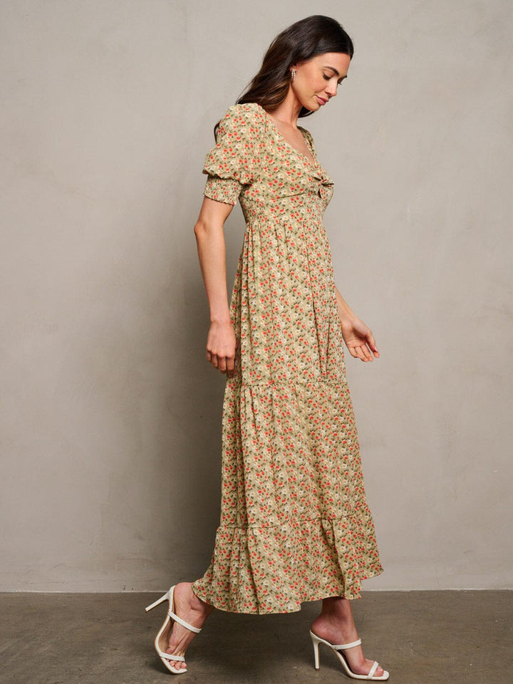 WOMEN'S SHORT PUFF SLEEVE V-NECK SMOCK FLORAL MAXI DRESS