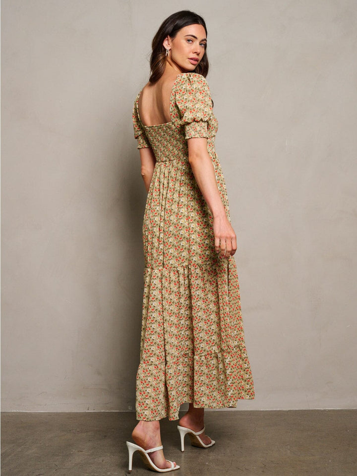 WOMEN'S SHORT PUFF SLEEVE V-NECK SMOCK FLORAL MAXI DRESS