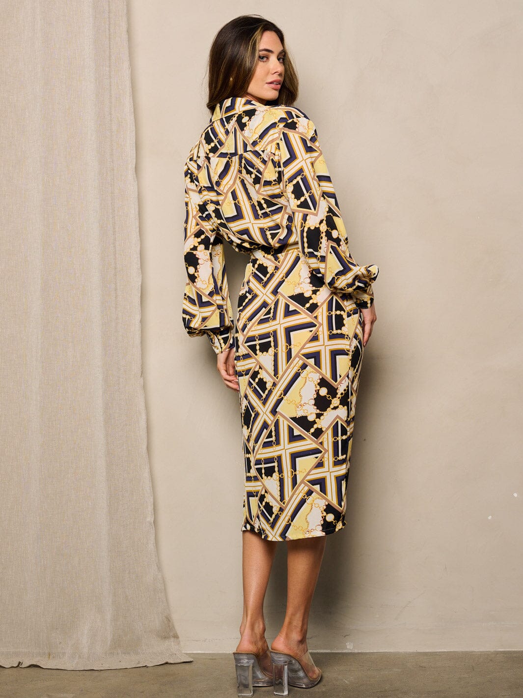 WOMEN'S LONG SLEEVE FRONT SLIT MULTI PRINT WRAP MIDI DRESS