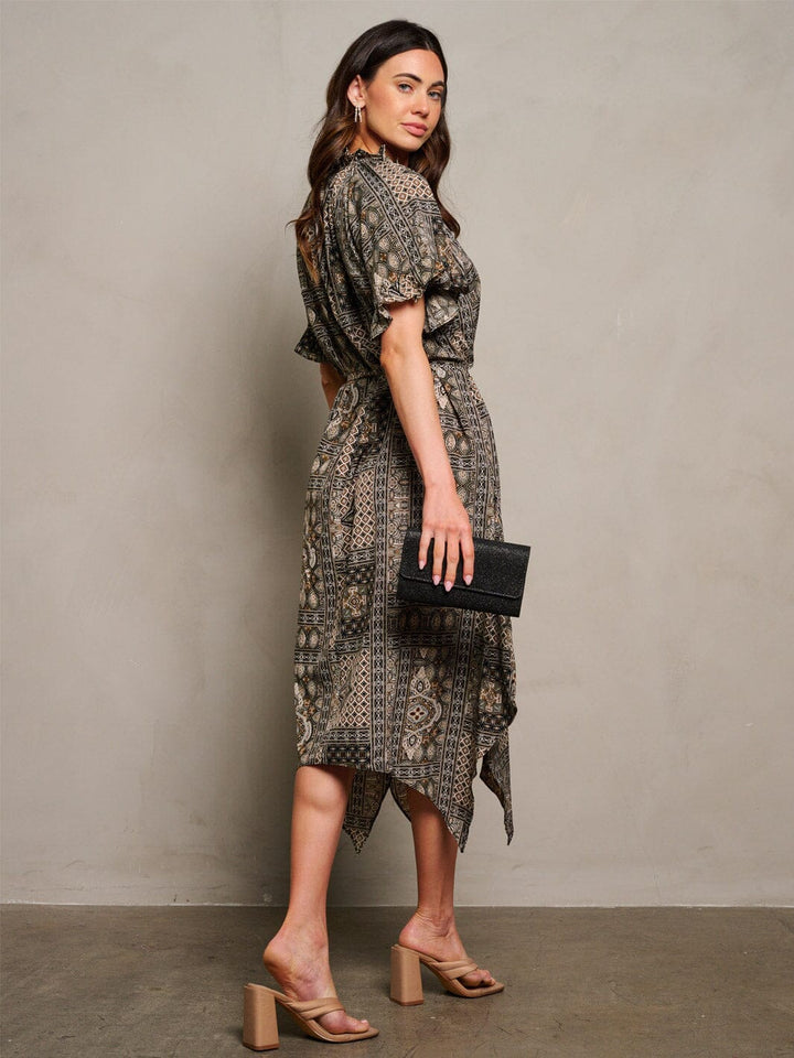 WOMEN'S SHORT SLEEVE V-NECK SELF TIE MULTI PRINT HIGH LOW MIDI DRESS