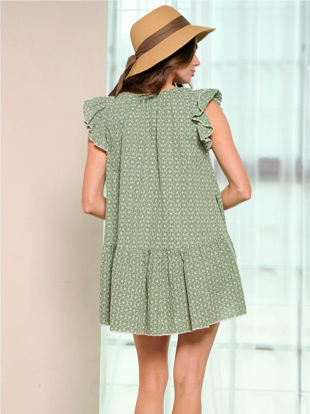 WOMEN'S RUFFLE SLEEVES POCKETS EYELET MINI DRESS